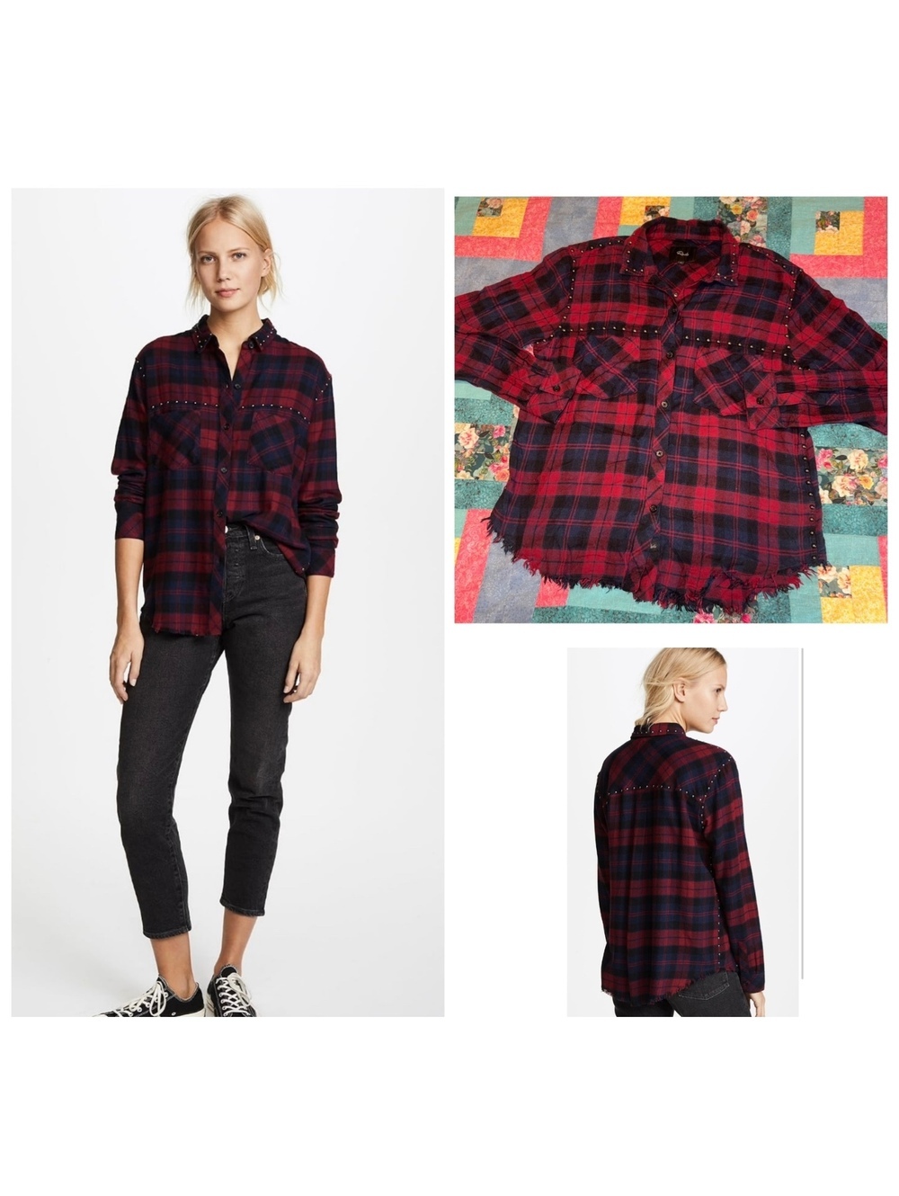 Rails Woman’s S “Rex” $188 Stud Embellished Red and Navy Plaid Flannel Shirt